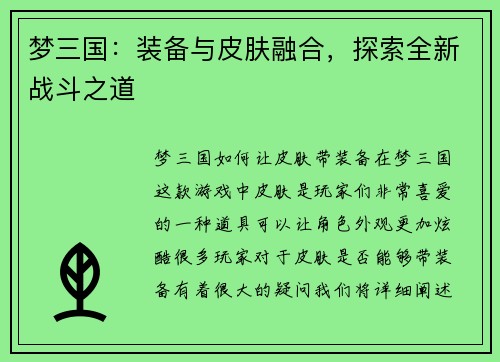 梦三国：装备与皮肤融合，探索全新战斗之道